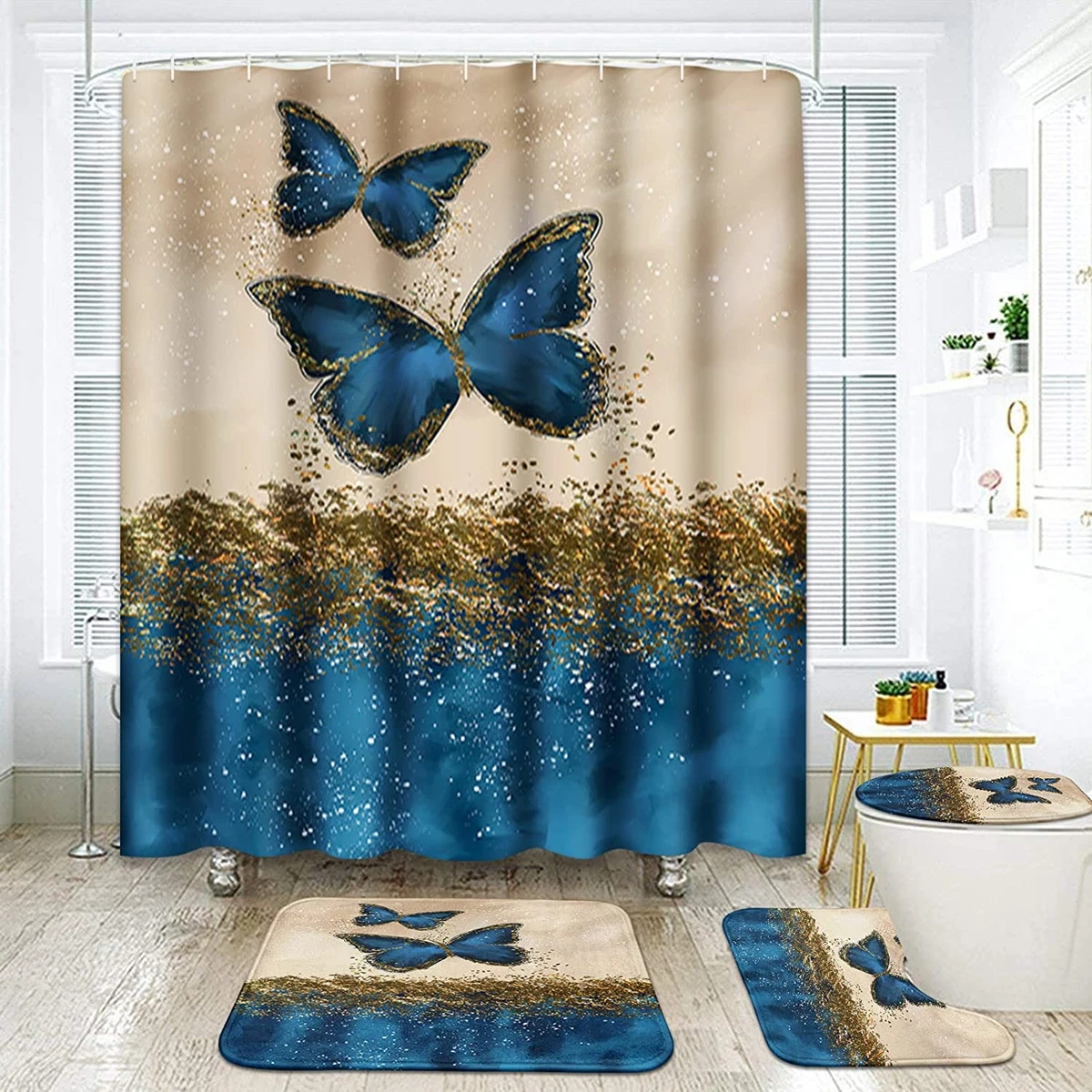 Blue gold shower curtain deals