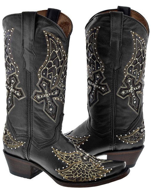 Women's Leather Studded Rhinestones Western Rodeo Cowboy Boots Snip Toe