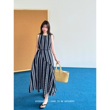 Striped Embroidered Vest Dress Womens Retro Mid Long Sleeveless A-line Crew Neck