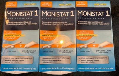 Lot of 3 Boxes MONISTAT 1 Day Vaginal Antifungal Treatment Combination Exp 10/27