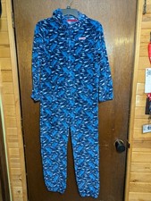 Vineyard Vines Youth L 16 One Piece Pajamas Fleece Hooded Jumpsuit Blue Marlin