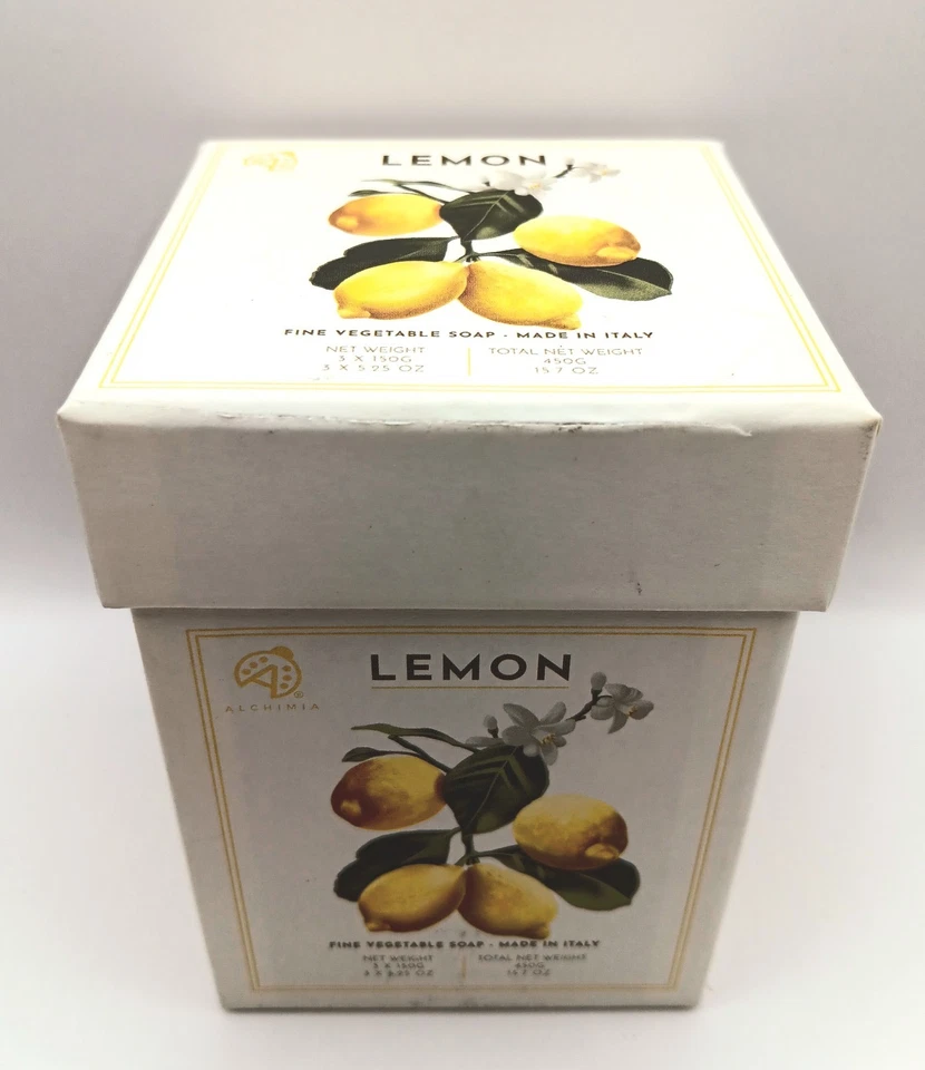 Alchimia Fine Italian Vegetable Soap Lemon Gift Box Set 3 Bars Round 5.25oz NIB  - Image 2 of 4