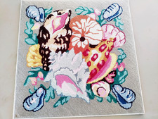 VINTAGE 50's FLORAL GARDEN BEACH NEEDLEPOINT Finished size 14x14.5" Mounted EUC