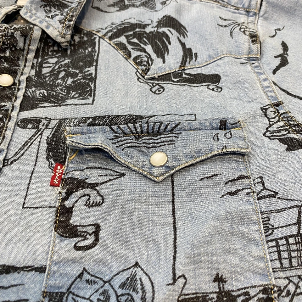 Levis 衬衫男式中号蓝色黑色西部珍珠扣牛仔冲浪者印花休闲 — 第 2/4 张图片