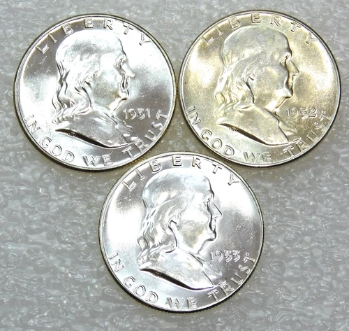 1951 1952 1953 Franklin Half Dollar Choice BU Frosty White lot of 3 coins #S260