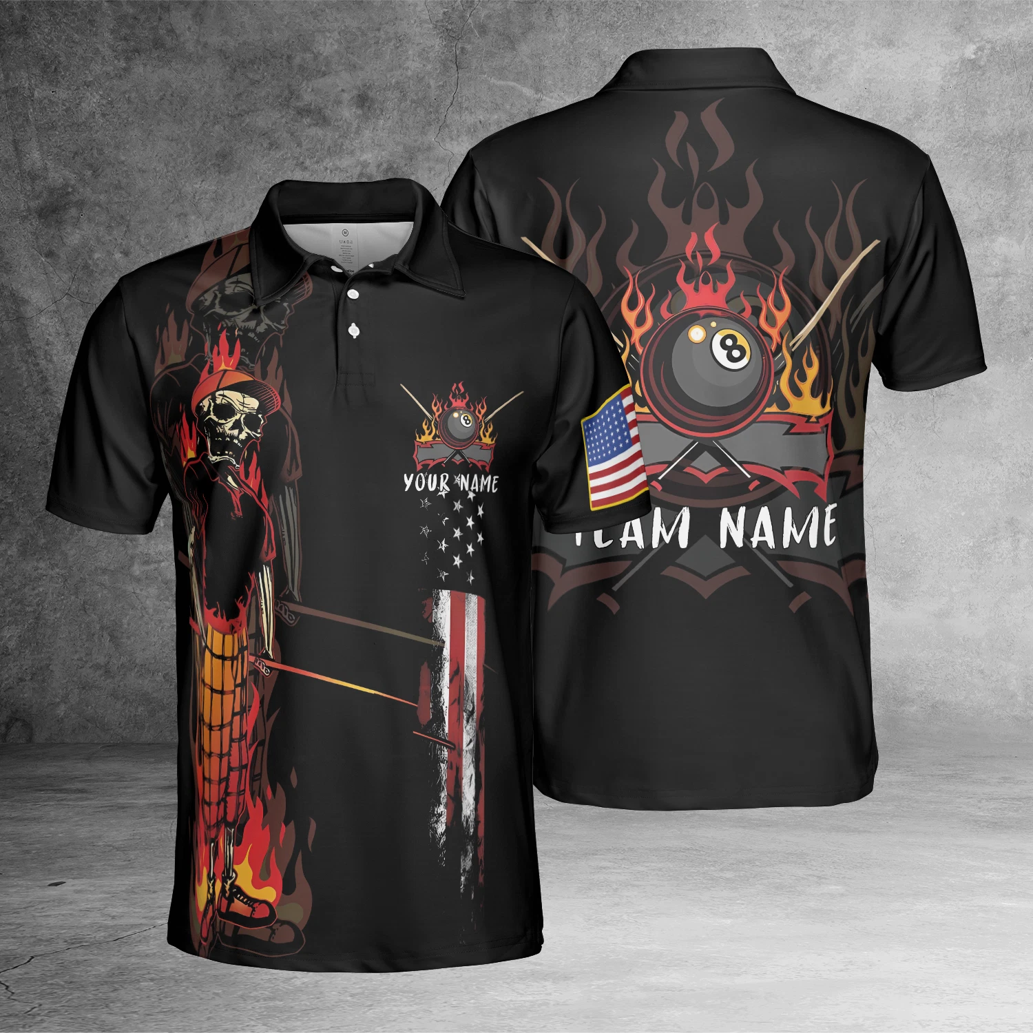Custom Bones 8 Ball American Flag Billiards Skull, Cool Skeleton 3D Polo Shirt