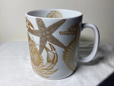222 Fifth Coastal Life Gold On White Porcelain Jumbo Mug 24 Oz Very Heavy