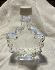 Maple Leaf Syrup Embossed Clear Empty Glass Bottle White Cap 5 3/4" X 4”