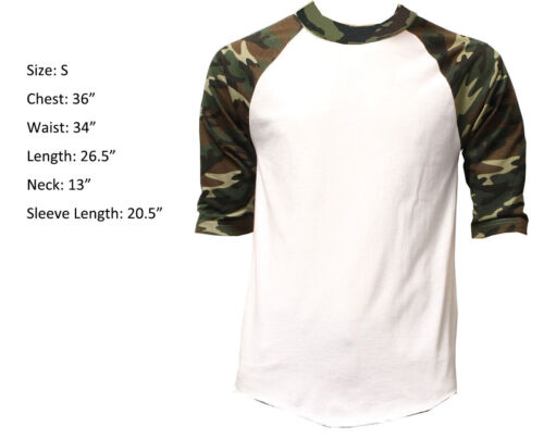 3/4 Sleeve Raglan Baseball Mens Plain Tee Jersey Sports T-Shirt White Camou S