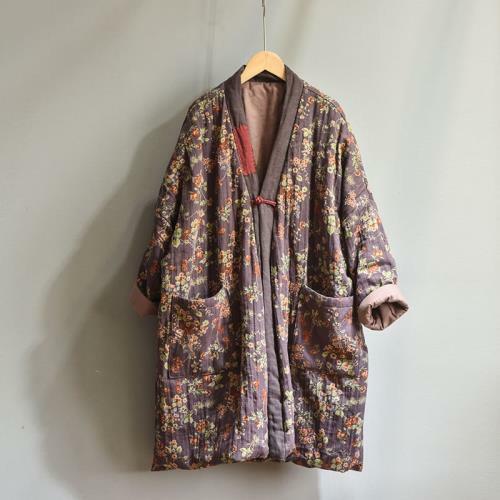 Pastoral Style Womens Long Quilted Jacket Oversize Cotton Robe Patchwork Coat L - Picture 15 of 16