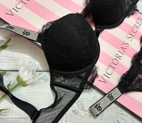 Victoria's Secret VS Shine Strap Push-Up Bra Thong Set Black Lace
