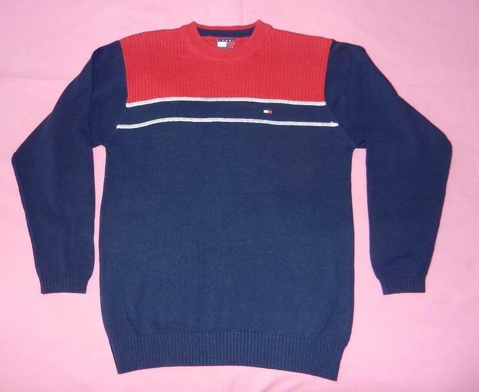 TOMMY HILFIGER BLUE COLORBLOCK COTTON LIGHTWEIGHT PULLOVER FLAG SWEATER  size S | eBay
