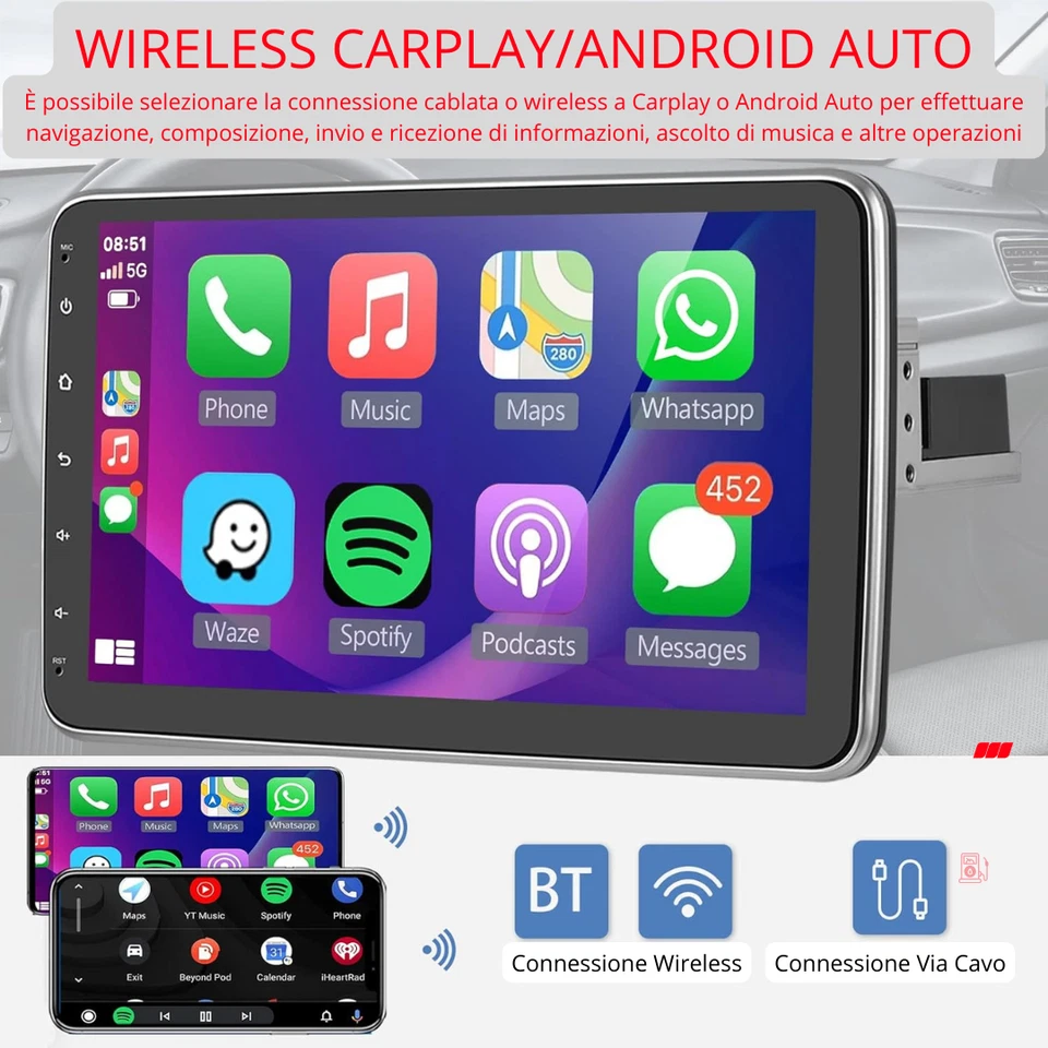 AUTORADIO 1 DIN RADIO ANDROID WIRELESS 360° SCHERMO GPS RDS BLUETOOTH WIFI - Immagine 2 di 4