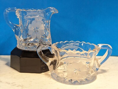 American Brilliant Cut Creamer Sugar Set Daisy Clear Heavy Saw Tooth Edge MCM