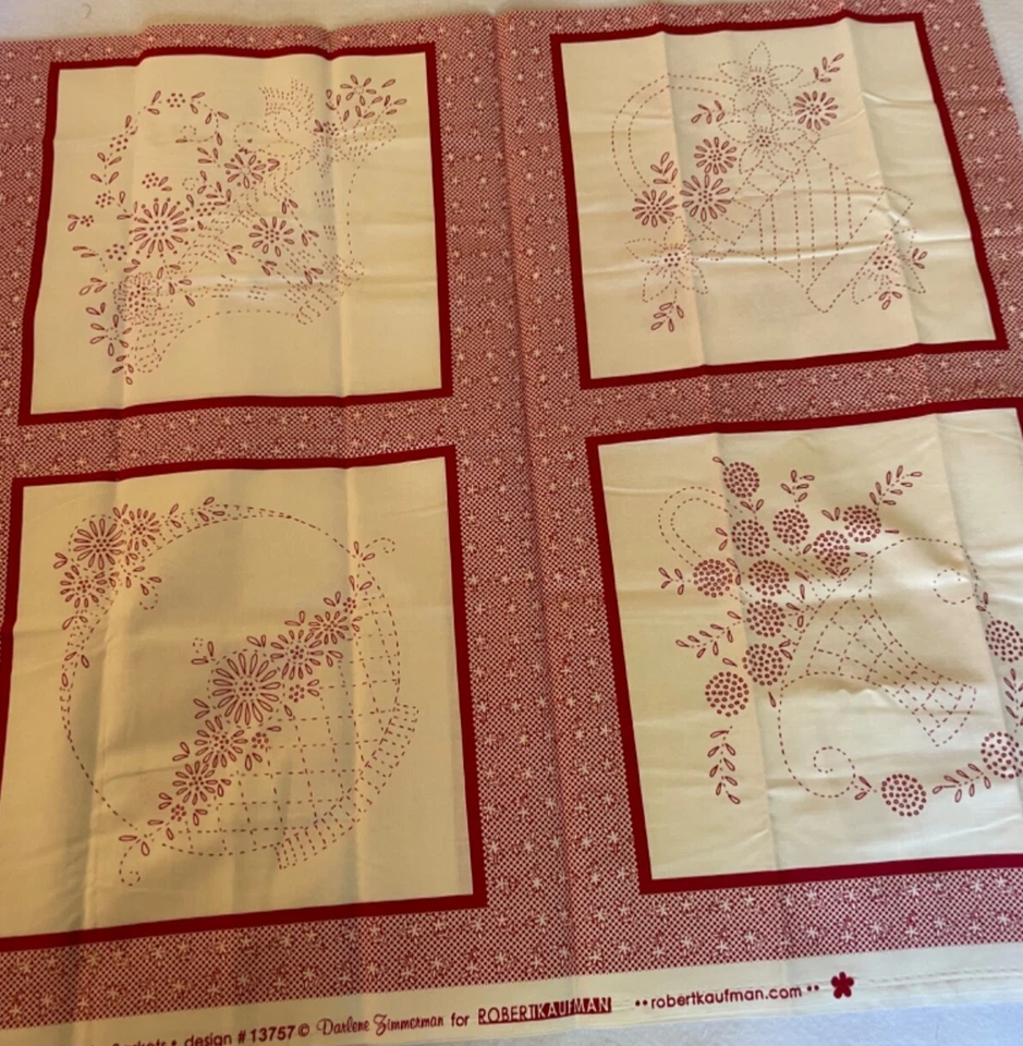 Paneles de tela de edredón de algodón Kaufman Red Work ~ Lazy Daisy ~ Windownill Garden Foto 2 de 4