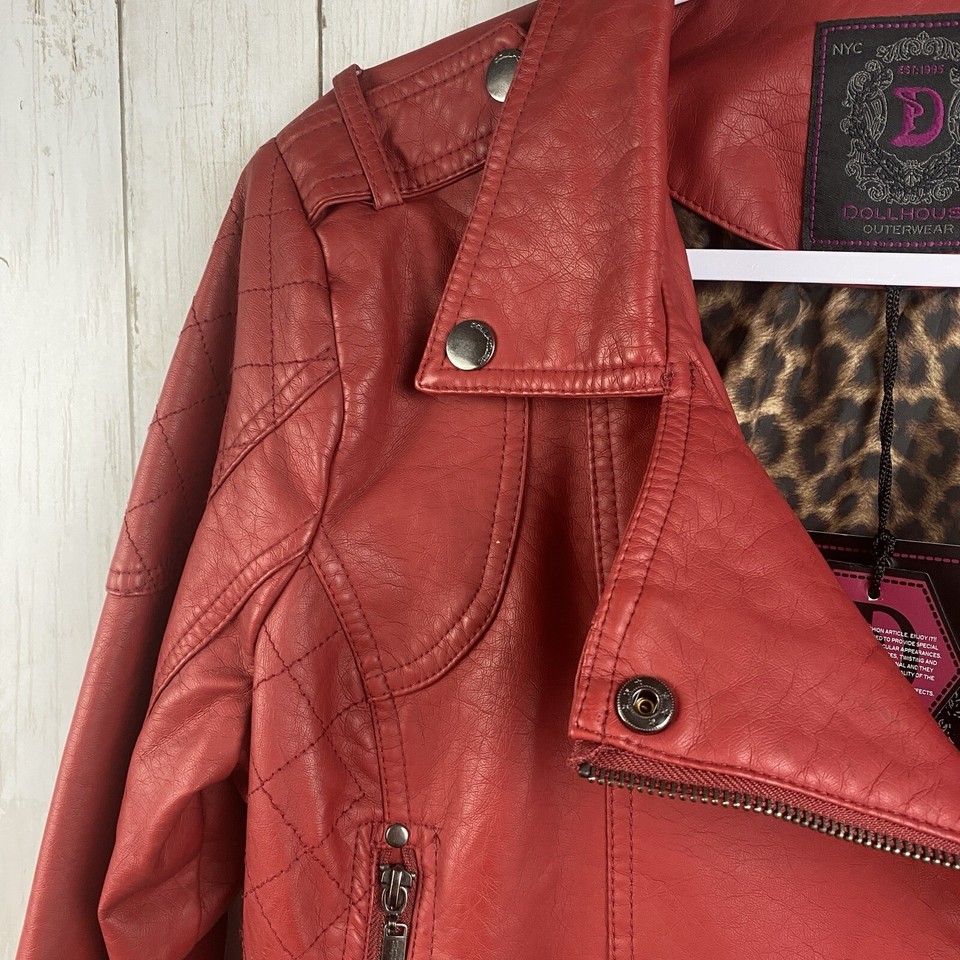 Red Faux Leather Moto Jacket Leopard Print Lining Dollhouse Women's