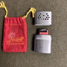 Vintage 1960s JON-e Silver Metal Hand Warmer with Red Pouch K-75