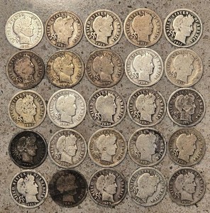 Barber Silver Dime 10C Lot of 25 (0.9 Fine) * G06 & VG08 *Mixed Dates - Lot 205