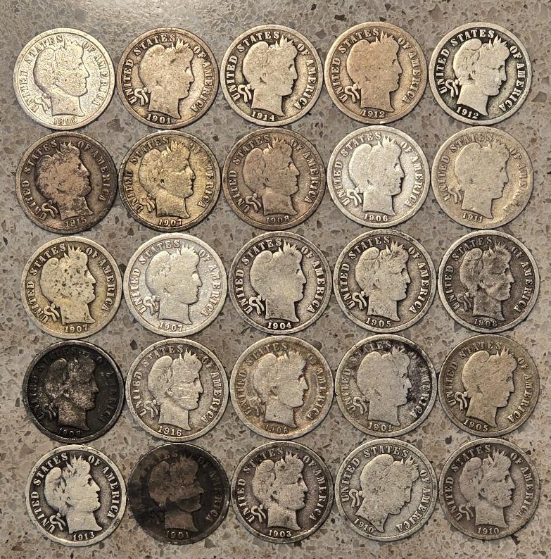Barber Silver Dime 10C Lot of 25 (0.9 Fine) * G06 & VG08 *Mixed Dates - Lot 205