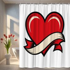Red Heart Shower Curtain with Banner Design, Cute Bathroom Decor