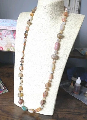 Vintage Multi Coloured Polished Agate Beggar Bead Necklace And Brass Elements - Image 1 of 4