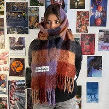 ACNE STUDIOS MOHAIR CHECKED SCARF PLAID MULTICOLOR LOGO PATCH FRINGE ITALY MADE