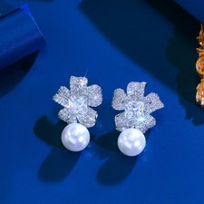 Silver Plated Pearl Dangle Cubic Zirconia Flower Earrings Women Wedding Jewelry