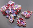 Molded & Ab Rhinestone Brooch & Ears Vintage Designer Red, Amethyst & Blue Givré
