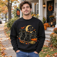 Vintage Black Cat Halloween Sweatshirt, Witch Pumpkin Fall Graphic Shirt