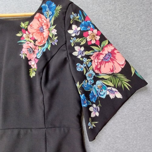 Review Dress Womens 16 Black Floral Flared Sleeve Lined Party Elegant Luxury - Picture 4 of 14