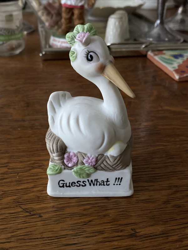 Vintage Stork bisque Porcelain Figurine Guess What Baby Shower Cake Top 1978