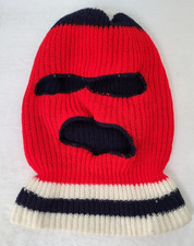Vintage Knit Ski Balaclava 70s Robber Mask Full Face 3 Hole Blue Red White