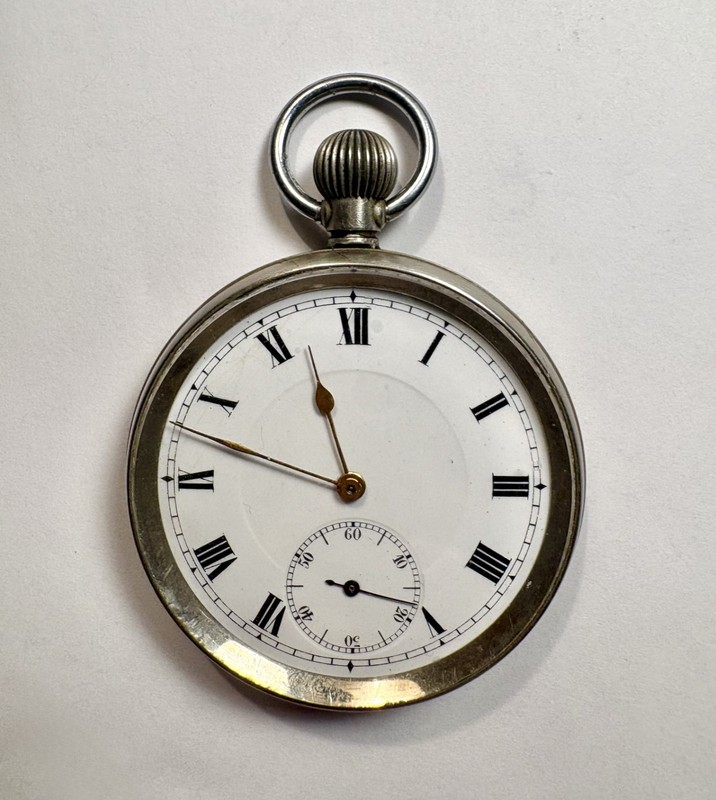 Antique Swiss Pocket Watch White Enamel Dial Silver Case Open Face #55