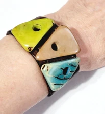 Boho Wide Leather Bracelet Colorful Triangles Artsy Adjustable Statement sbr-