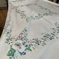 Vintage Mid Century 46x52" Flowers Red Green Screen Printed Linen Tablecloth