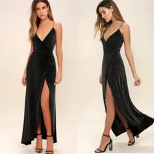 LULUS Black Silver Sparkle Metallic Celestial Tulip Hem Stretch Maxi Dress S 2/4