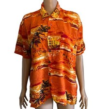 Vintage 90s Hawaiian Shirt Mens L Roundy Bay Orange Tropical Button Front