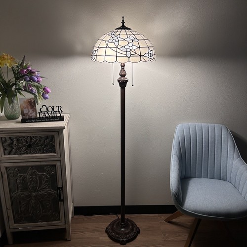 Tiffany Style Floor Lamp White Stained Glass Flowers Metal Base 64"H*16"W*16"D - Picture 2 of 4