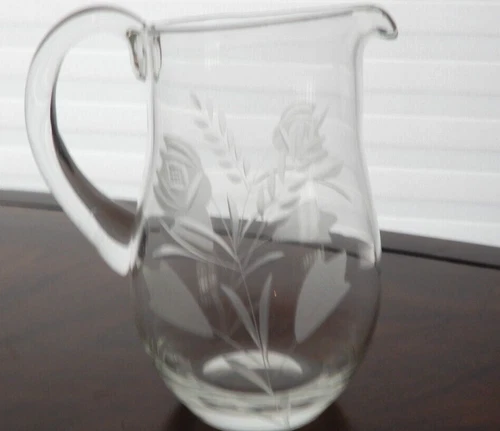 Vintage Elegant Etched Flower Design Clear Glass Milk Creamer Pitcher
