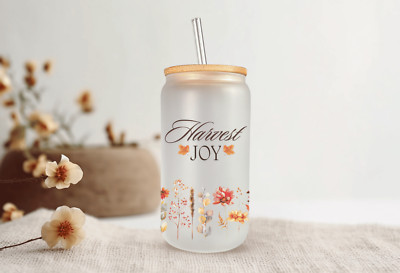 Harvest Joy Frosted Glass Can W Bamboo Lid 16 Oz Glass Cup by Mugzan