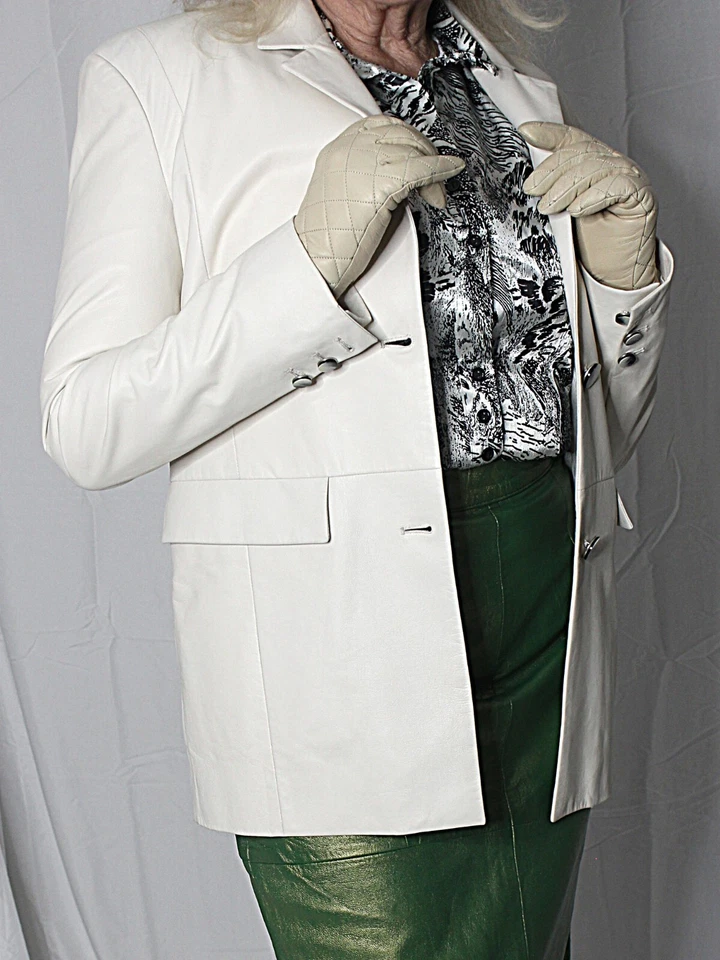 Женская кожаная куртка-блейзер M-L 18 МЯГКАЯ из овечьей кожи белая кремовая DROMe легкая - Изображение 3 из 4