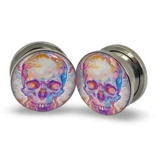 Pair of Screw on Watercolor Skull Picture Plugs gauges 16g thru 1 inch