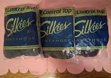 3 Pair MIP NOS Silkies Vintage Pantyhose Jet Black Size Large Control Top 144