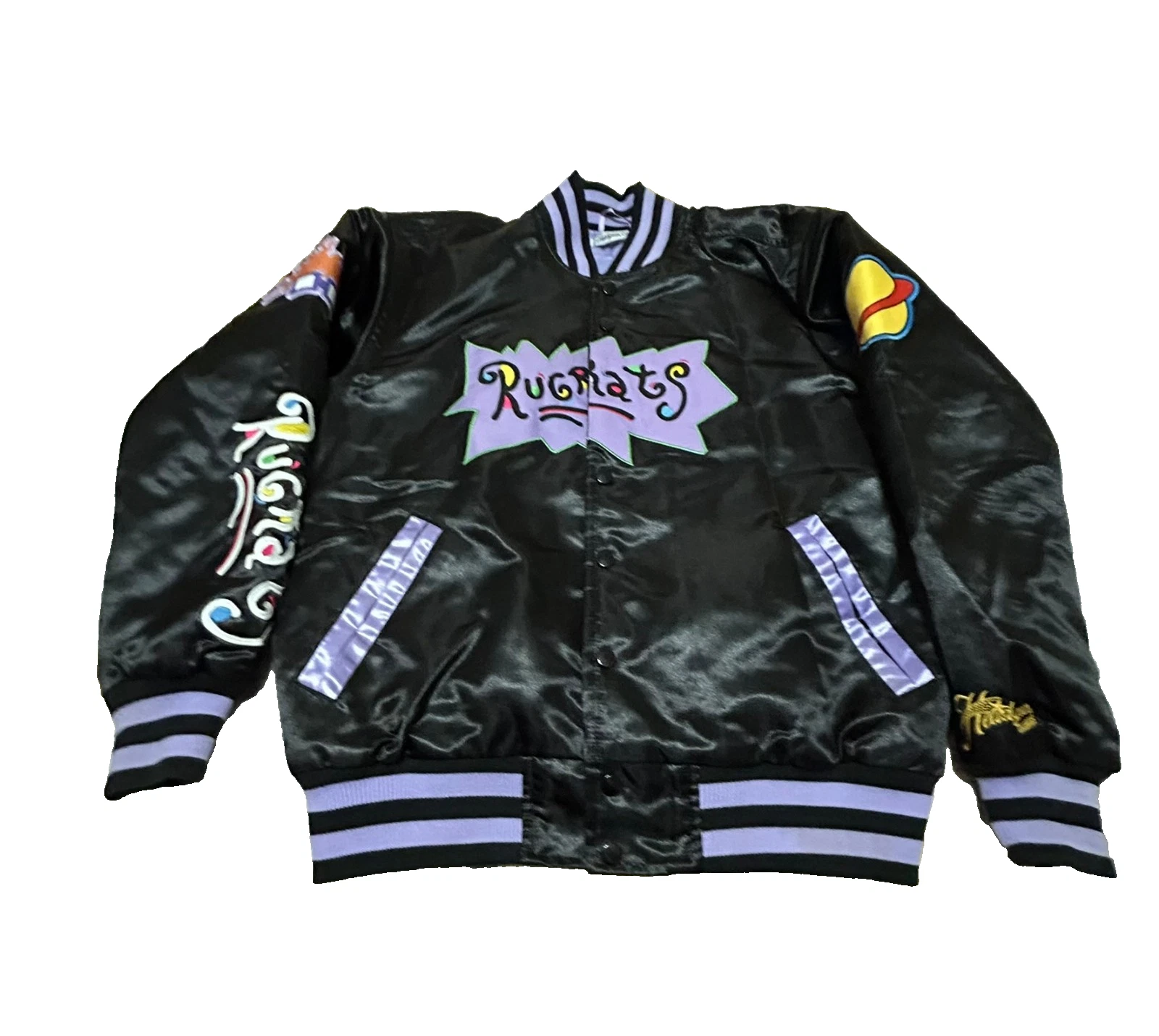 Rugrats Satin Bomber Jacket Unisex M Black Headgear Classics Tommy Skeletor