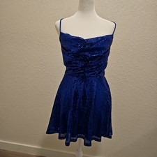 Lucy in the Sky Sequin Dress Blue Mini Cowl Neck Party NYE Sexy Lace Up, Size L