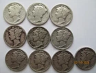 1919 to 1944 Silver Mercury Dime set, 10 Different Circulated Dimes