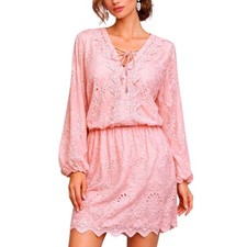 White House Black Market Pink Eyelet Lace Dress V Neck Smocked Waist Mini Small
