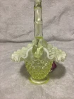 Vintage Fenton Yellow Topaz Vaseline Opalescent Hobnail Ruffled Basket