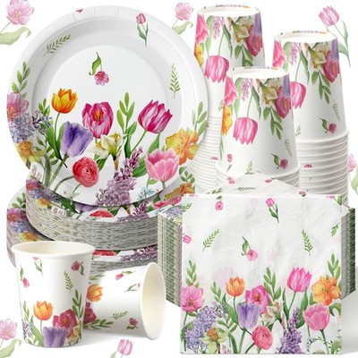 Hsei 250 Pcs Tulip Floral Plates and Napkins Party Tulip, Light Color 