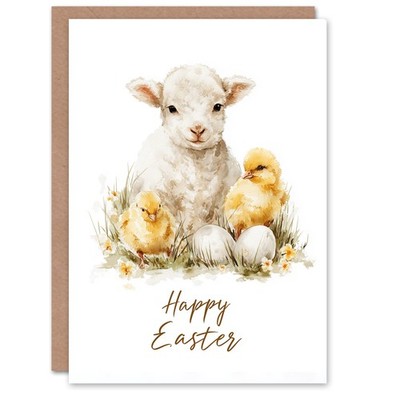 Grußkarte Frohe Ostern - Lamm und Küken Design, innen leer